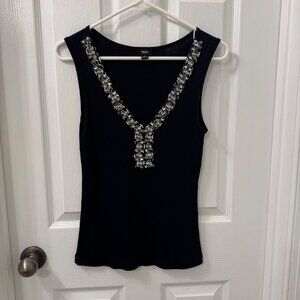 VTG Mossimo Y2K Black V-Neck Ribbed Tank Top Silver Sequins Size M Festival